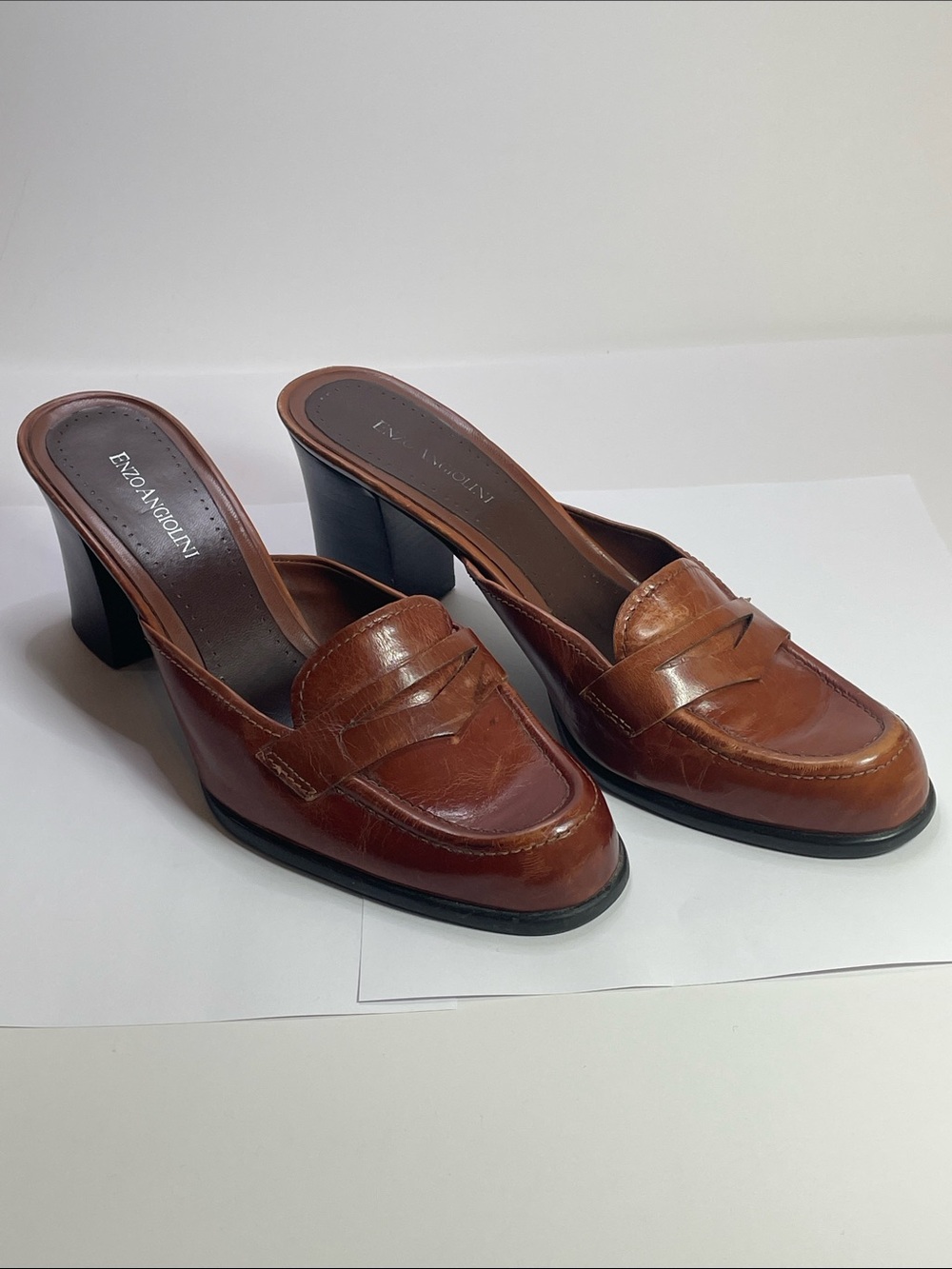 Enzo Angiolini Cognac Leather Penny-Strip Mule Heels Size 8M